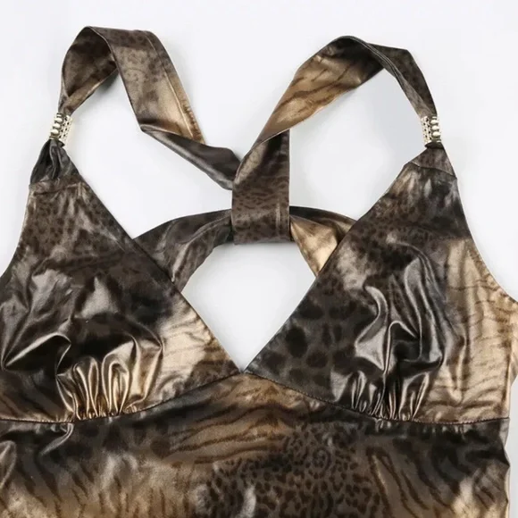 Vintage Leopard Print Gold Y2K Aesthetic Sleeveless Crop Top Women Sexy Backless - Picture 7 of 9